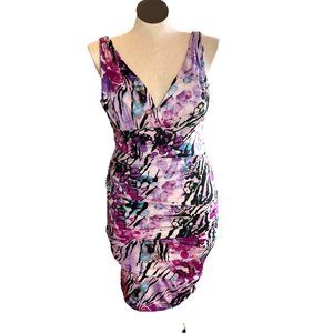 Bisou Bisou Michele Purple Black w zebra print Ruching on sides, Stretch Bodycon